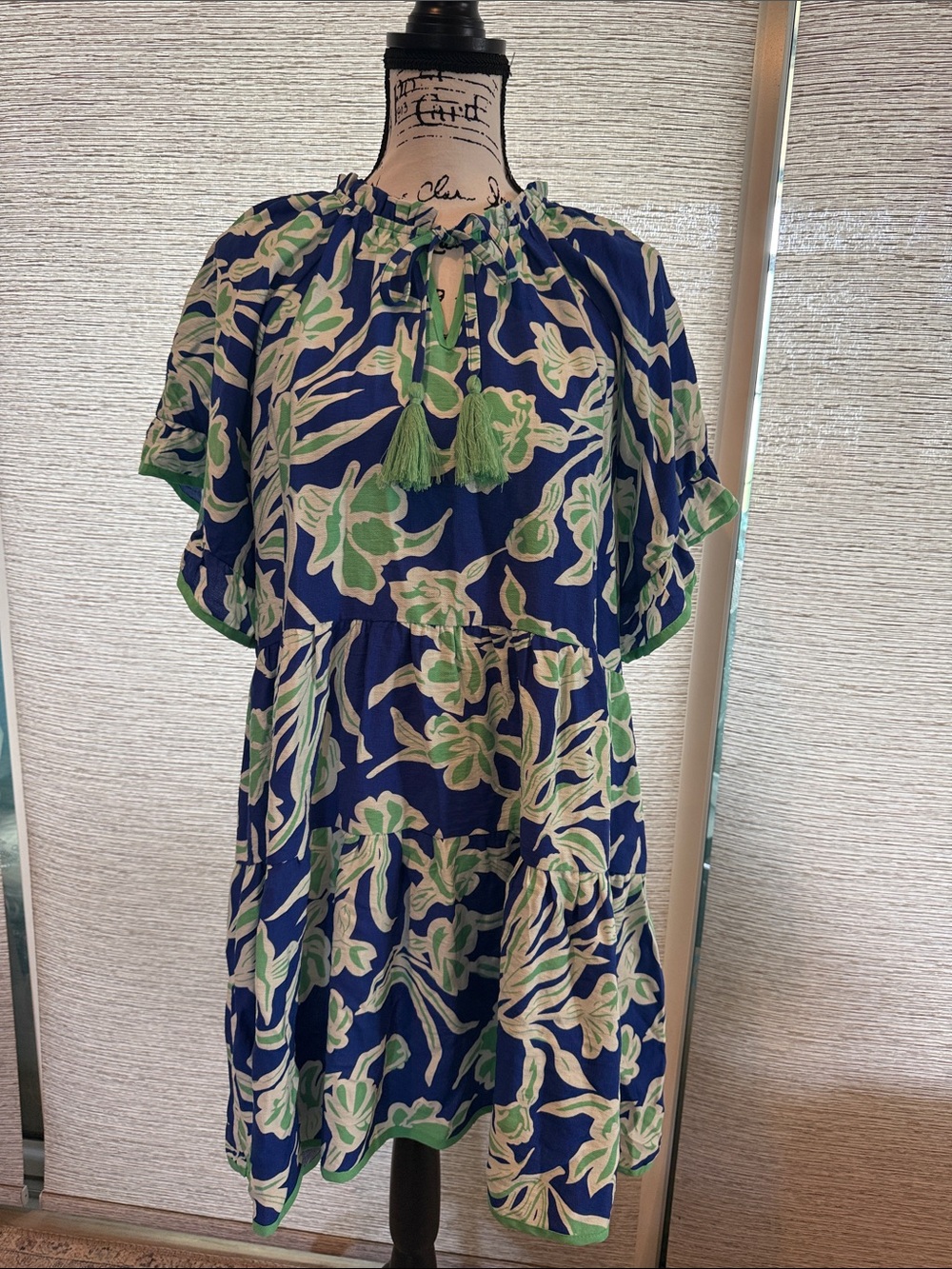 Gigio Blue & Green Floral Mini Dress with Tassel Tie